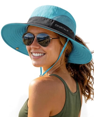 Womens Sun Hat with Ponytail Hole Beach Hiking Summer Wide Brim UPF 50+ Outdoor Protection Foldable Bucket Hat Blue