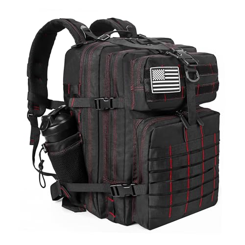 Military Tactical Backpack for Men and Women 45L Army 3 Days Assault Pack Bag Large Rucksack with Molle System Black with Red Line