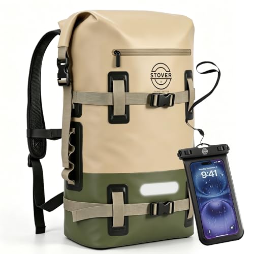 30/40/55L Waterproof Dry Backpack & Phone Case - Large Floating Dry Bag for Kayaking, Travel, Hiking, Fishing, Camping, Motorcycles & Beach, Heavy-Duty Roll Top Men/Women (Tan/Army Green/Brown)