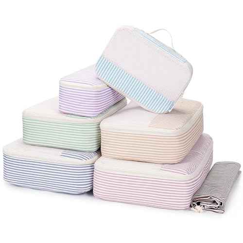 7 Set Striped Packing Cubes for Travel Carry on Suitcase Luggage Organizer Bags for Kids Women Men