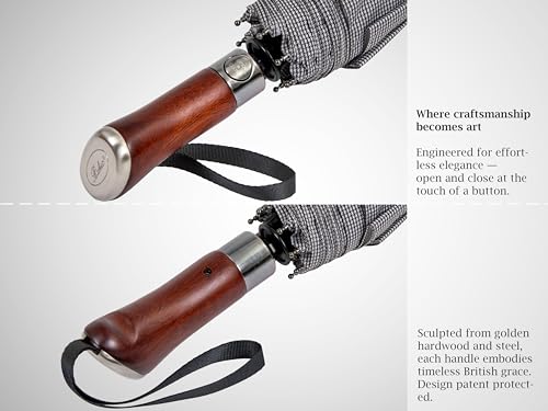 Folding Umbrella Lux Hardwood Handle Auto Open Close Houndstooth