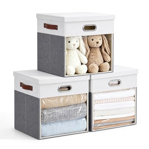11x11 Inch Ultra Thick Fabric Storage Bins with Lids & Windows (3 Count)