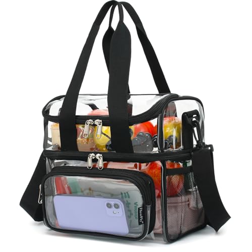 Clear Bag Double Decker Lunch Bag for Stadium Events Adult Large Transparent Tote for Men (Clear#Black)
