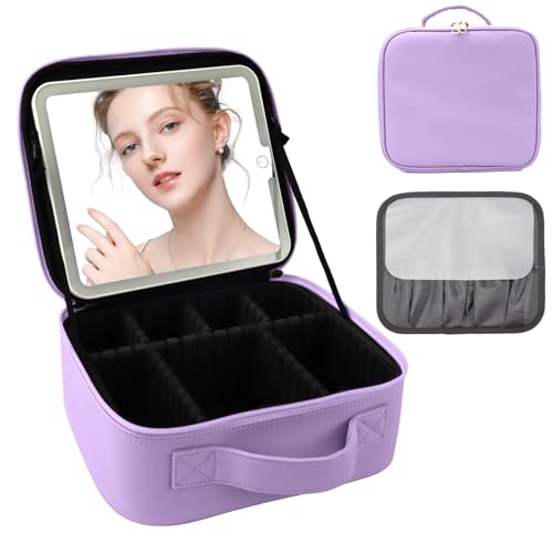 Travel Makeup Bag with LED Mirror and Light Travel Makeup Case Cosmetic Organizer Portable Cosmetic Brush Organizer Bag with Adjustable Dividers for Cosmetics Makeup Brushes Toiletry