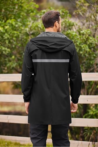 Men's Long Raincoats Lightweight Hooded Rain Jackets Waterproof Packable Outdoor Hiking Reflective Stripe Jacket