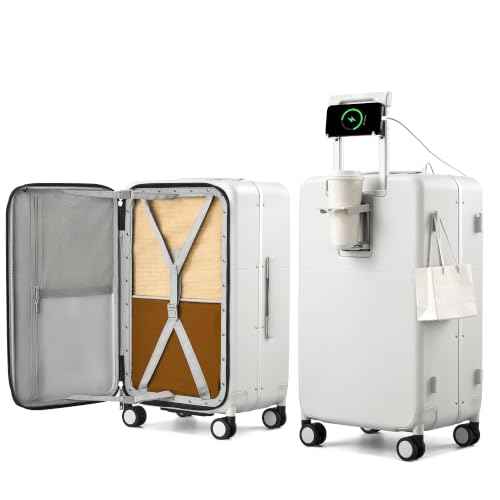 24 Inch Top Opening Checked Luggage with Cup Holder and USB Ports