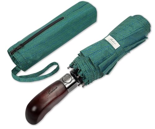 Folding Umbrella Real Wood Handle Herringbone Jade Green