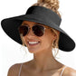 Womens Sun Visor Hats Wide Brim Straw Beach Hat UV Protection Ponytail Packable Beach Vacation Essentials Black