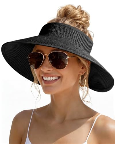 Womens Sun Visor Hats Wide Brim Straw Beach Hat UV Protection Ponytail Packable Beach Vacation Essentials Black