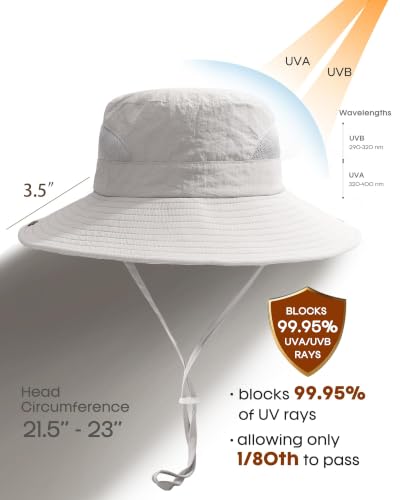Womens Sun Hat with Ponytail Hole Beach Hiking Summer Wide Brim UPF 50+ Outdoor Protection Foldable Bucket Hat Light Grey