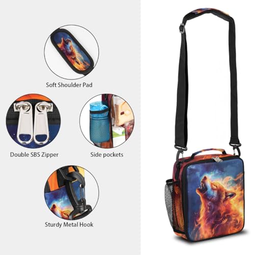 Wolf Fire Kids Lunch Box for Girls Boys Reusable Insulated Lunch Bag for Kids Toddler Thermal Cooler Spacious Lunchbox with Shoulder Strap Lunchbag for School Work Picnic (print 8)