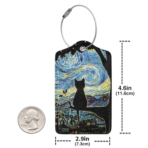 2 Pack Luggage Tags for suitcases Starry Night Cat TSA Approved Label Luggage Tag Baggage Tag Leather Stainless Steel Loop Label Tag for Men Women Travel Bag Suitcase (2 Count)