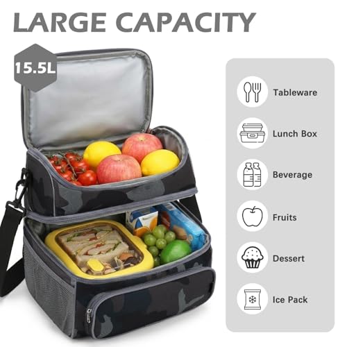 Double Layer Cooler Insulated Lunch Bag Adult Lunch Box Large Tote Bag for Men (Black#Camo)