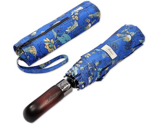 Folding Umbrella Real Wood Handle Garden of Glamour Cobalt Blue