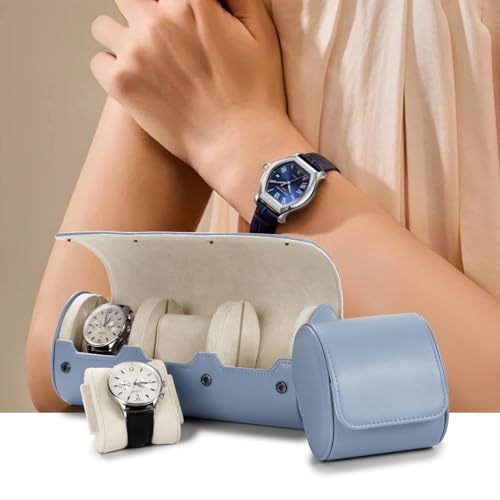 2 Slot Leather Watch Organizer Case Light Blue