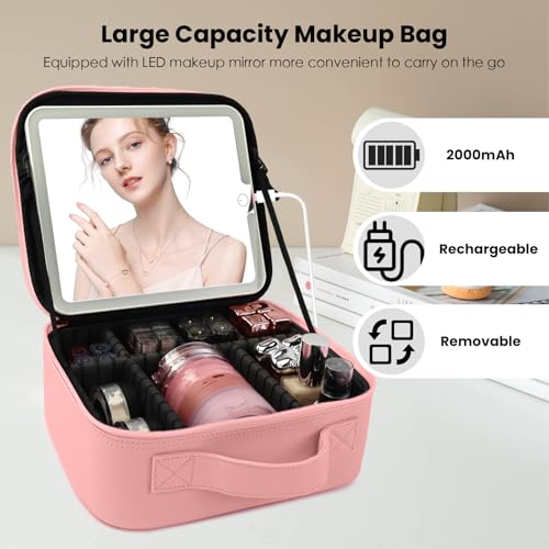 Travel Makeup Bag with LED Mirror Makeup Case with Light Up Mirror Portable Cosmetic Brush Organizer Bag with Adjustable Dividers for Cosmetics Makeup Brushes Toiletry