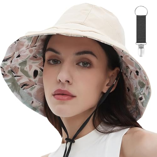 Womens Sun Hats Wide Brim Reversible Bucket Cotton Hat Packable Summer Travel Cap with Hat Clip
