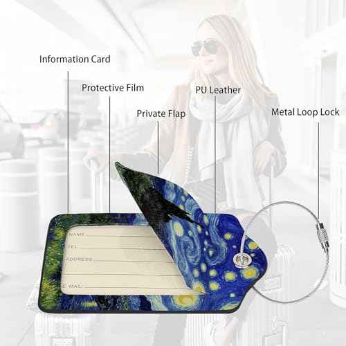 2 Pack Luggage Tags for suitcases Van Gogh Starry Night TSA Approved Label Luggage Tag Baggage Tag Leather Stainless Steel Loop Label Tag for Men Women Travel Bag Suitcase (2 Count)