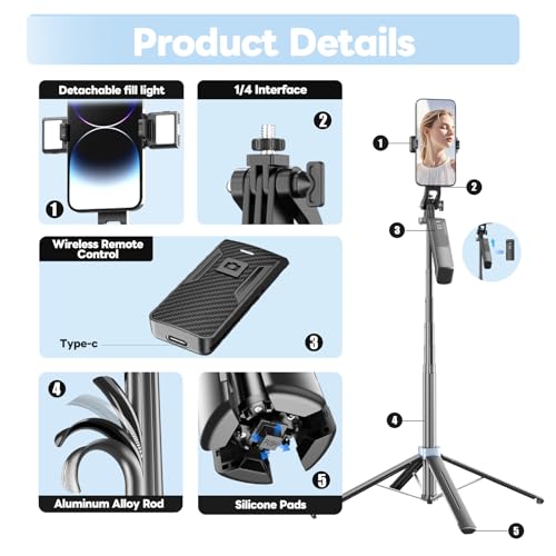 71" Selfie Stick Phone Tripod with Wireless Remote & 2 Fill Lights