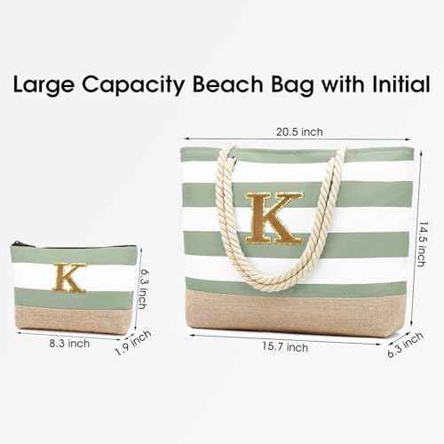 Beach Bag Initial Beach Tote with Makeup Bag for Travel
