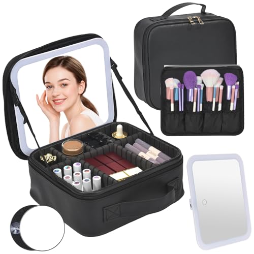 Travel Makeup Bag with Mirror & 8 Adjustable EVA Dividers