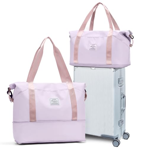Purple Pink Waterproof Duffel Gym Tote Weekender Carry On Overnight Bag for Women with Trolley Sleeve & Wet Pocket