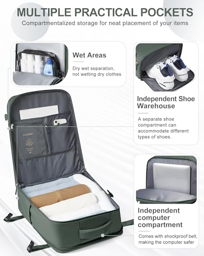 Large Travel Backpack Carry On for Women Man Waterproof Gym Backpacks Mochila de Viaje Teacher Travel Bag Essentials Personal Item Backpack Rucksack Airplane Accessories Must Haves Olive Green