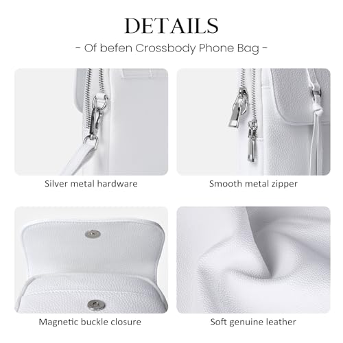 White Genuine Leather Small Crossbody Bags for Women Cell Phone Purse