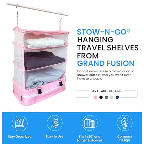 Stow-N-Go Hanging Travel Shelves, Packing Organizer for Luggage. Carry on Closet for Suitcase. Expandable Packing Cube. Travel Essentials. (Pink - XL, XL = (L) 17.7" x (W) 11.8")