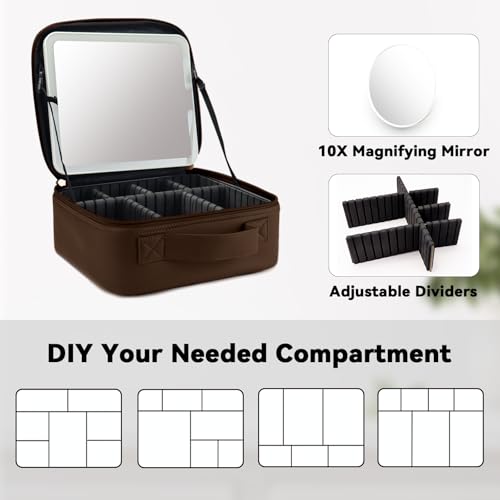 Travel Makeup Bag with LED Mirror and 10x magnifying glass with 3 Lighted Settings