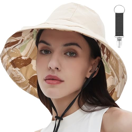 Womens Sun Hats Wide Brim Reversible Bucket Cotton Hat Packable Summer Travel Cap with Hat Clip