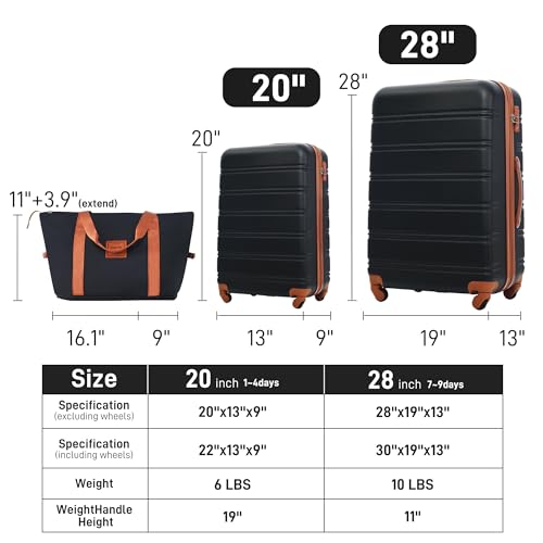Luggage sets of 3 Piece 20 28 IN Carry on Luggage Hard Case Black and Brown Luggage Expandable Checked Luggage Suitcase Set with Wheels (3 Count)