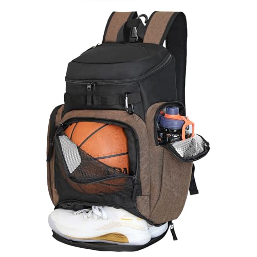 Large Basketball Backpack Sports Gym Bag with Ball Holder Ventilated Shoe Compartment Insulated Cooler Pockets Reflective Strips Fence Hook for Men Athletic Training