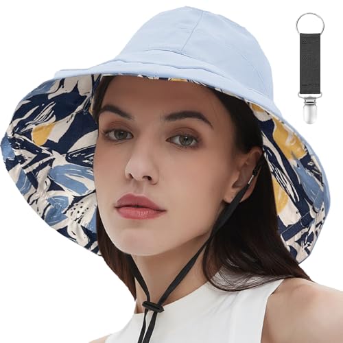 Womens Sun Hats Wide Brim Reversible Bucket Cotton Hat Packable Summer Travel Cap with Hat Clip