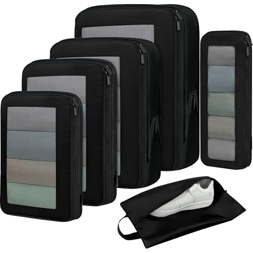 4 Set/6 Set/8 Set Compression Packing Cubes Travel Accessories Expandable Packing Organizers (Square Mesh, 05-Jet Black)