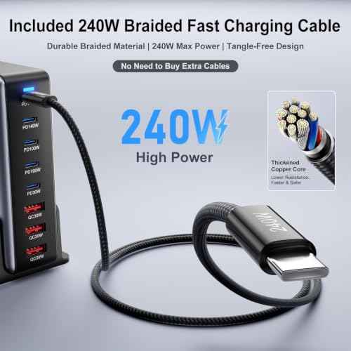 600W Fast Charging 8 Port USB C Charger Block with Nylon Fast Charging Cable