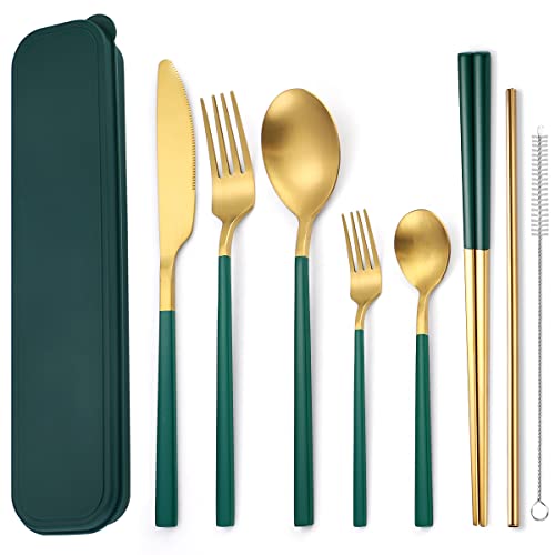 6 Pieces Stainless Steel Flatware Set Portable Reusable Cutlery Set Travel Utensils Set Including Chopsticks Knife Fork Spoon Straws Cleaning Brush Dishwasher Safe (8 Count)
