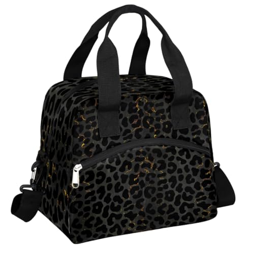 Black Leopard Cheetah Insulated Lunch Bag for Women Girl Reusable Lunch Tote Box With Shoulder Strap Lightweight Thermal Cooler Meal Prep Bag for Work School Office Picnic (B03:black Leopard)