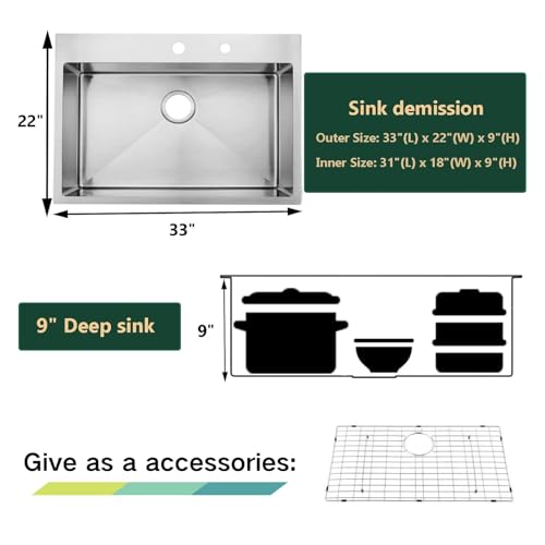 33 x 22 inch Drop in Kitchen Sink