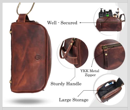 10" Premium Leather Toiletry Travel Pouch With Waterproof Lining