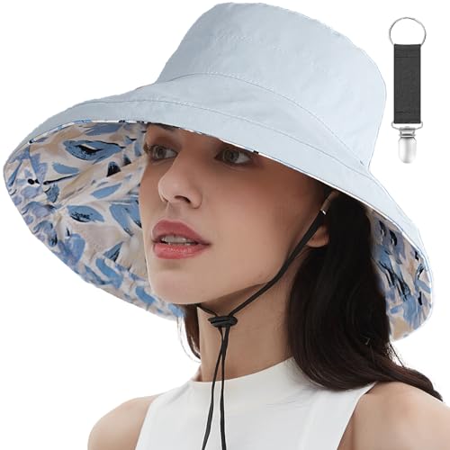 Womens Sun Hats Wide Brim Reversible Bucket Cotton Hat Packable Summer Travel Cap with Hat Clip
