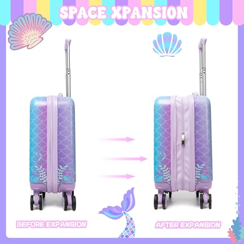 Cute Mermaid Kid’s Luggage Set 5 Piece Suitcase Set 16’’ Hardside Luggage with Spinner Wheels Girls Travel Rolling Luggage Carry on Luggage Airline Approved (5 Count)