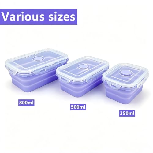 Purple Collapsible Meal Prep Containers Camping Bowls Silicone Bento Box with Airtight Plastic Lid