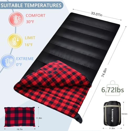 0 Degree Sleeping Bag Cotton Flannel Winter Cold Weather for Adults XXL Sleeping Bag 4 Season Big and Tall with Compression Sack