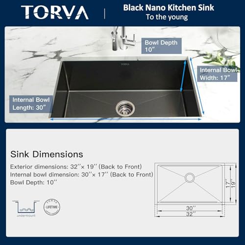 32 x 19 Inch Gloss Black Ceramic Coating with NanoTek Undermount Kitchen Sink