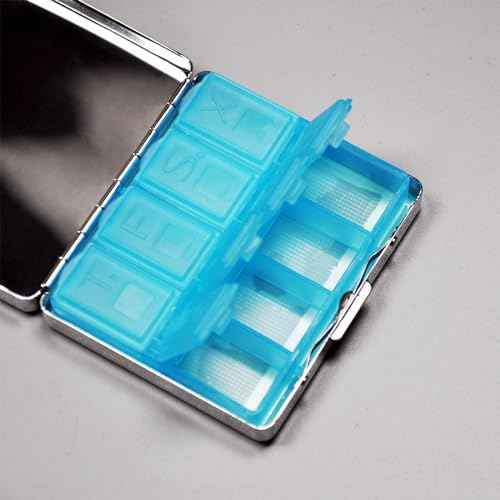 Silver Vintage Pill Box 7 Day Metal Pill Box with Mirror and 8 Compartments Cute Travel Pill Organizer for Purse (8 Count)