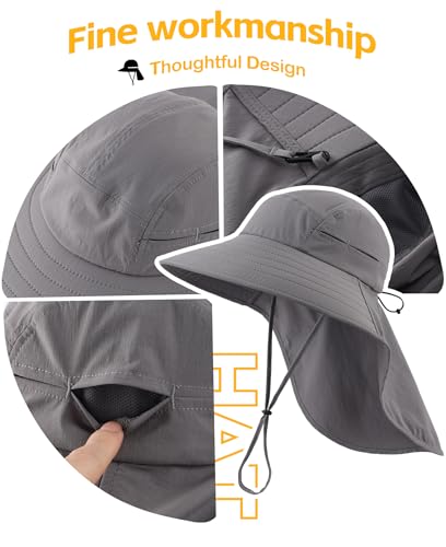 UPF 80+ Sun Hat for Men Women Wide Brim Sun Hat with Neck Flap UV Protection Safari Beach Bucket Fishing Hat Dark Grey