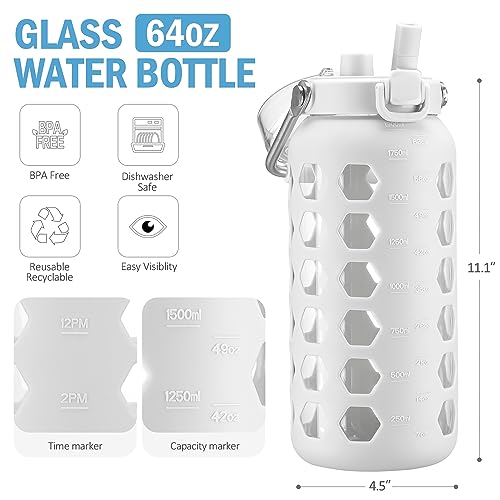 64oz Glass Water Bottle with Straw and Lid