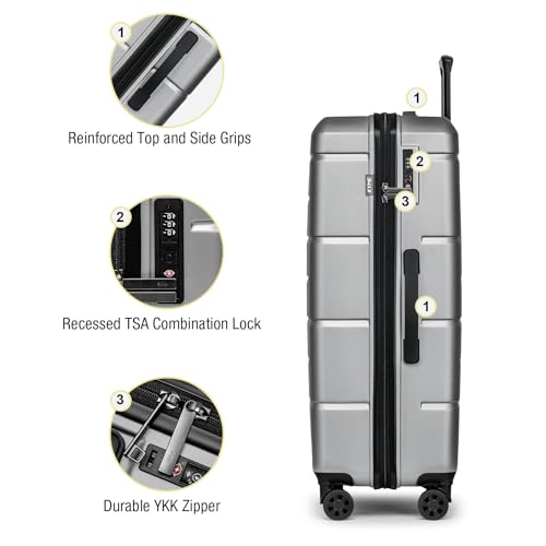Large Suitcases with Wheels Hardshell 28 Inch Luggage TSA Approved Big Checked Luggage Durable Travel Rolling Suitcase Women Men Silver Grey