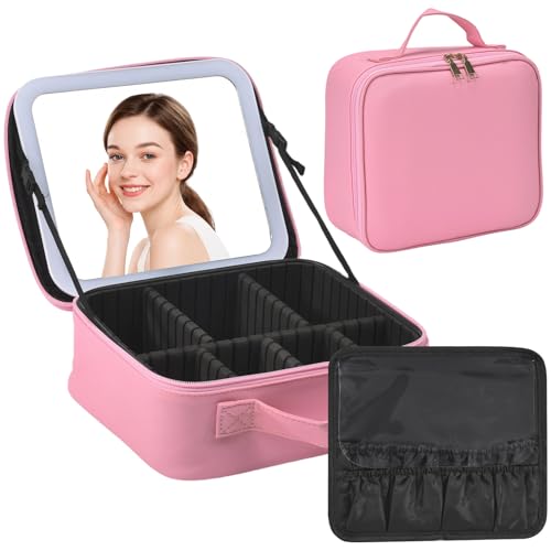 Travel Makeup Bag with Mirror & 6 Adjustable EVA Dividers